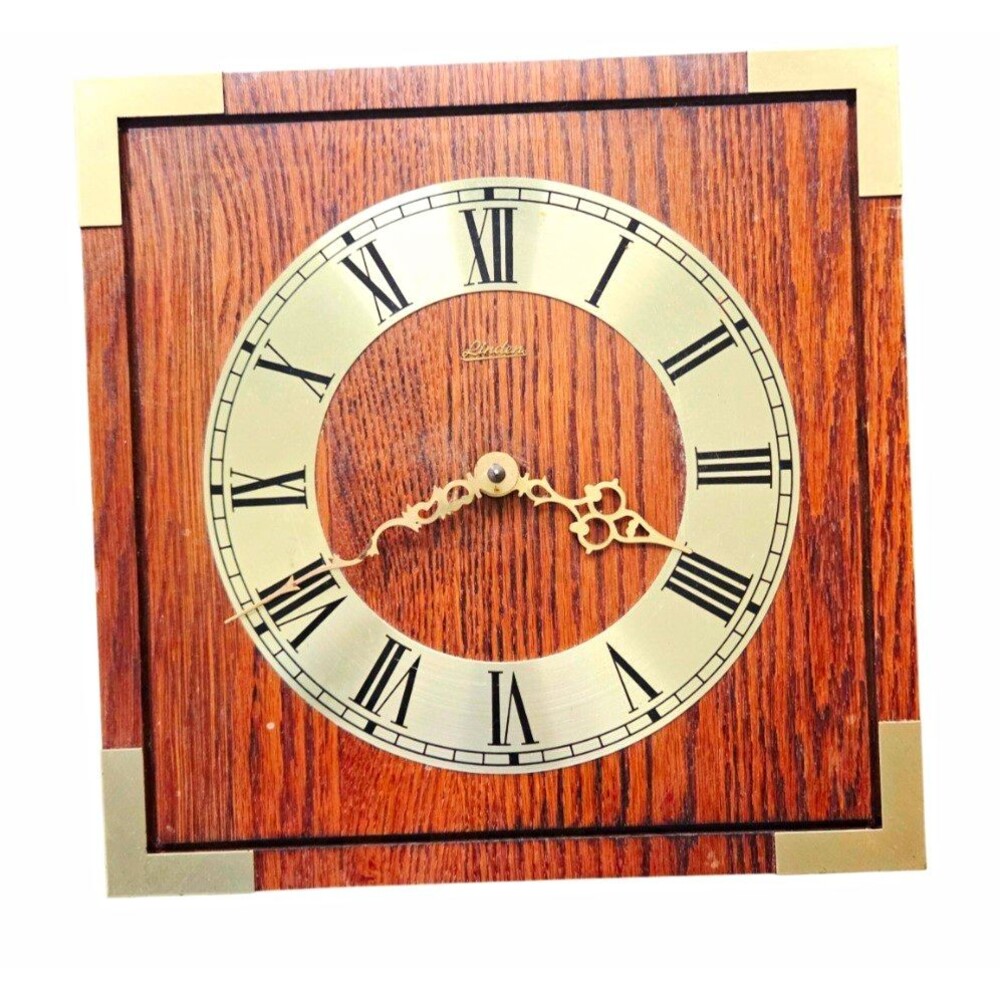 Linden Square Wood Wall Clock Brown Analog Roman Numerals Quartz Battery